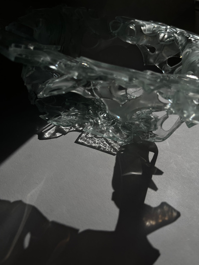 7.2 | 3mm float glass, bulleyes paper, plaster, block, drilling machine, grinder, kiln, hammer, tracing paper, pencil, pen | glass craft sculpture | kiln forming glass | slumping glass | constructivism | Feb 2023