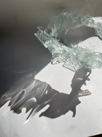 7.2 | 3mm float glass, bulleyes paper, plaster, block, drilling machine, grinder, kiln, hammer, tracing paper, pencil, pen | glass craft sculpture | kiln forming glass | slumping glass | constructivism | Feb 2023