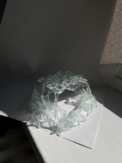7.2 | 3mm float glass, bulleyes paper, plaster, block, drilling machine, grinder, kiln, hammer, tracing paper, pencil, pen | glass craft sculpture | kiln forming glass | slumping glass | constructivism | Feb 2023