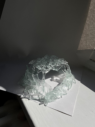 7.2 | 3mm float glass, bulleyes paper, plaster, block, drilling machine, grinder, kiln, hammer, tracing paper, pencil, pen | glass craft sculpture | kiln forming glass | slumping glass | constructivism | Feb 2023