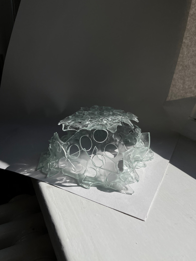 7.2 | 3mm float glass, bulleyes paper, plaster, block, drilling machine, grinder, kiln, hammer, tracing paper, pencil, pen | glass craft sculpture | kiln forming glass | slumping glass | constructivism | Feb 2023