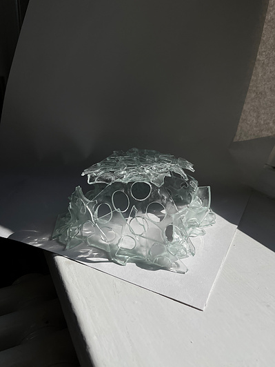 7.2 | 3mm float glass, bulleyes paper, plaster, block, drilling machine, grinder, kiln, hammer, tracing paper, pencil, pen | glass craft sculpture | kiln forming glass | slumping glass | constructivism | Feb 2023