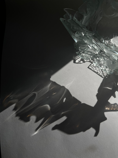 7.2 | 3mm float glass, bulleyes paper, plaster, block, drilling machine, grinder, kiln, hammer, tracing paper, pencil, pen | glass craft sculpture | kiln forming glass | slumping glass | constructivism | Feb 2023