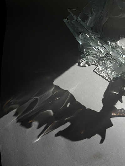 7.2 | 3mm float glass, bulleyes paper, plaster, block, drilling machine, grinder, kiln, hammer, tracing paper, pencil, pen | glass craft sculpture | kiln forming glass | slumping glass | constructivism | Feb 2023