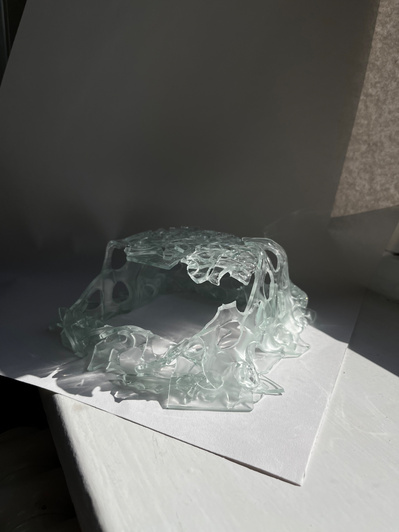 7.2 | 3mm float glass, bulleyes paper, plaster, block, drilling machine, grinder, kiln, hammer, tracing paper, pencil, pen | glass craft sculpture | kiln forming glass | slumping glass | constructivism | Feb 2023