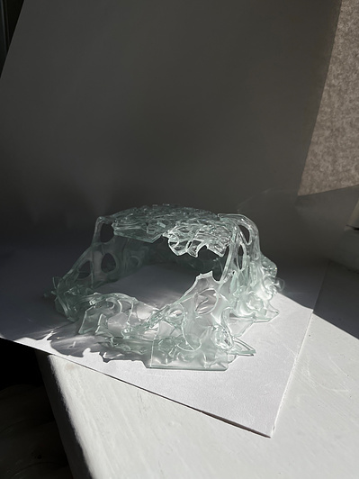 7.2 | 3mm float glass, bulleyes paper, plaster, block, drilling machine, grinder, kiln, hammer, tracing paper, pencil, pen | glass craft sculpture | kiln forming glass | slumping glass | constructivism | Feb 2023