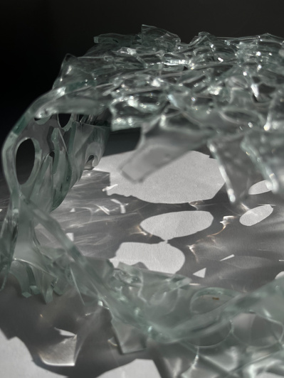 7.2 | 3mm float glass, bulleyes paper, plaster, block, drilling machine, grinder, kiln, hammer, tracing paper, pencil, pen | glass craft sculpture | kiln forming glass | slumping glass | constructivism | Feb 2023