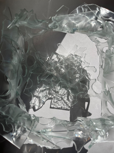 7.2 | 3mm float glass, bulleyes paper, plaster, block, drilling machine, grinder, kiln, hammer, tracing paper, pencil, pen | glass craft sculpture | kiln forming glass | slumping glass | constructivism | Feb 2023