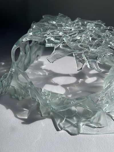 7.2 | 3mm float glass, bulleyes paper, plaster, block, drilling machine, grinder, kiln, hammer, tracing paper, pencil, pen | glass craft sculpture | kiln forming glass | slumping glass | constructivism | Feb 2023