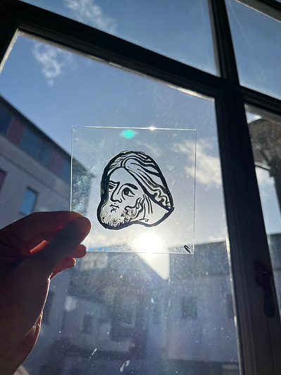 copy of heads from medallions in Lincoln Cathedral | glass paint, gum, sandblasted palette, water, brush, float glass, kiln | 09.11.2022 | doryeek | Swansea College of Art 