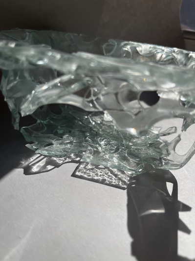 7.2 | 3mm float glass, bulleyes paper, plaster, block, drilling machine, grinder, kiln, hammer, tracing paper, pencil, pen | glass craft sculpture | kiln forming glass | slumping glass | constructivism | Feb 2023