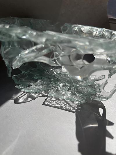 7.2 | 3mm float glass, bulleyes paper, plaster, block, drilling machine, grinder, kiln, hammer, tracing paper, pencil, pen | glass craft sculpture | kiln forming glass | slumping glass | constructivism | Feb 2023