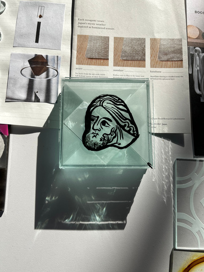 copy of heads from medallions in Lincoln Cathedral | glass paint, gum, sandblasted palette, water, brush, float glass, kiln | 09.11.2022 | doryeek