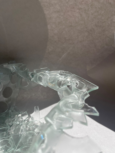 7.2 | 3mm float glass, bulleyes paper, plaster, block, drilling machine, grinder, kiln, hammer, tracing paper, pencil, pen | glass craft sculpture | kiln forming glass | slumping glass | constructivism | Feb 2023