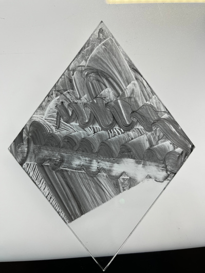 quarry 1 detail | glass paint, sandblasted palette, vinegar, brush, float glass, stick, finger | 19.02.2023 | doryeek