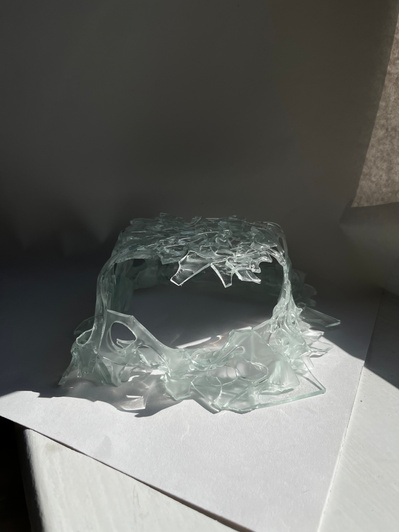 7.2 | 3mm float glass, bulleyes paper, plaster, block, drilling machine, grinder, kiln, hammer, tracing paper, pencil, pen | glass craft sculpture | kiln forming glass | slumping glass | constructivism | Feb 2023