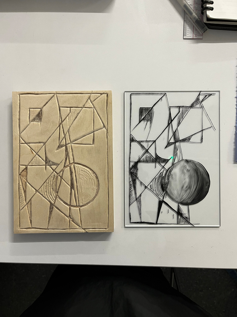 2913 | wood carving MDF, glass painting, nib pen, clove oil, black glass pigment | 06.03.2023 | doryeek 
