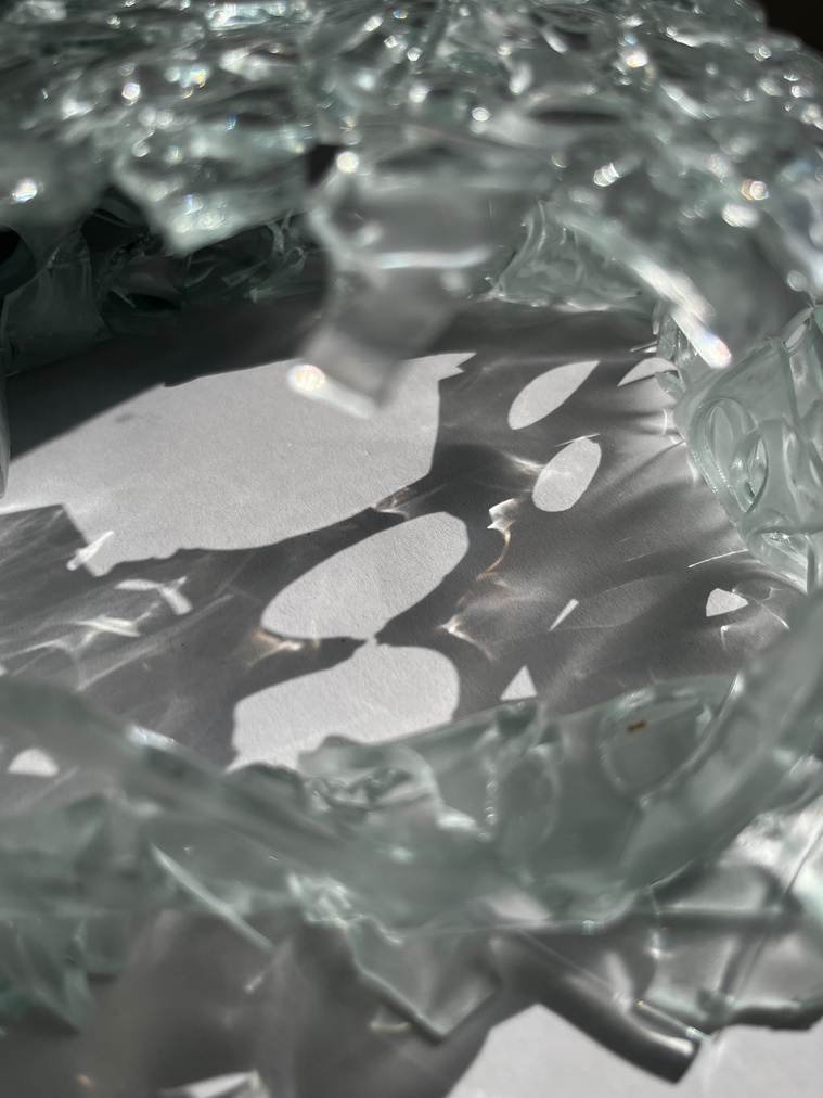 7.2 | 3mm float glass, bulleyes paper, plaster, block, drilling machine, grinder, kiln, hammer, tracing paper, pencil, pen | glass craft sculpture | kiln forming glass | slumping glass | constructivism | Feb 2023
