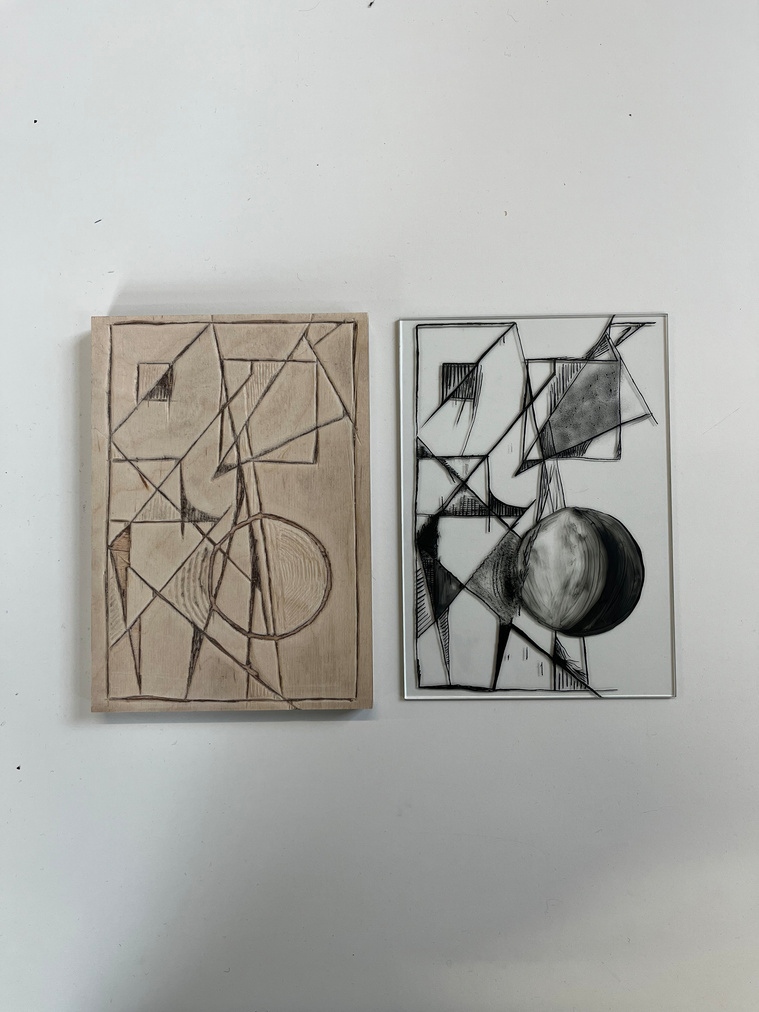2913 | wood carving MDF, glass painting, nib pen, clove oil, black glass pigment | 06.03.2023 | doryeek 