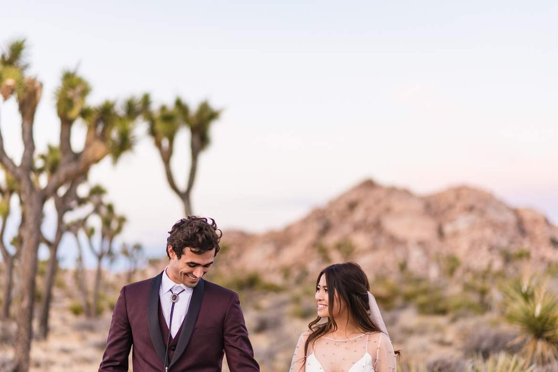 A bride and groom walk through the desert at Joshua Tree National Park as the sunset slowly fades behind them
