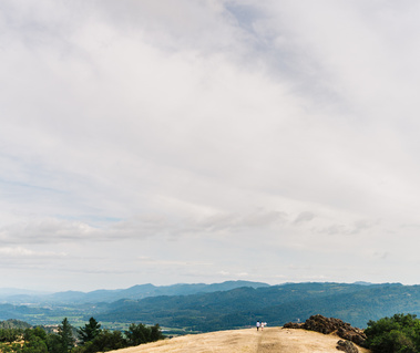 A landscape with a golden hill, dark rocks, and distant towns far below; in the distance, we can see a bride and groom