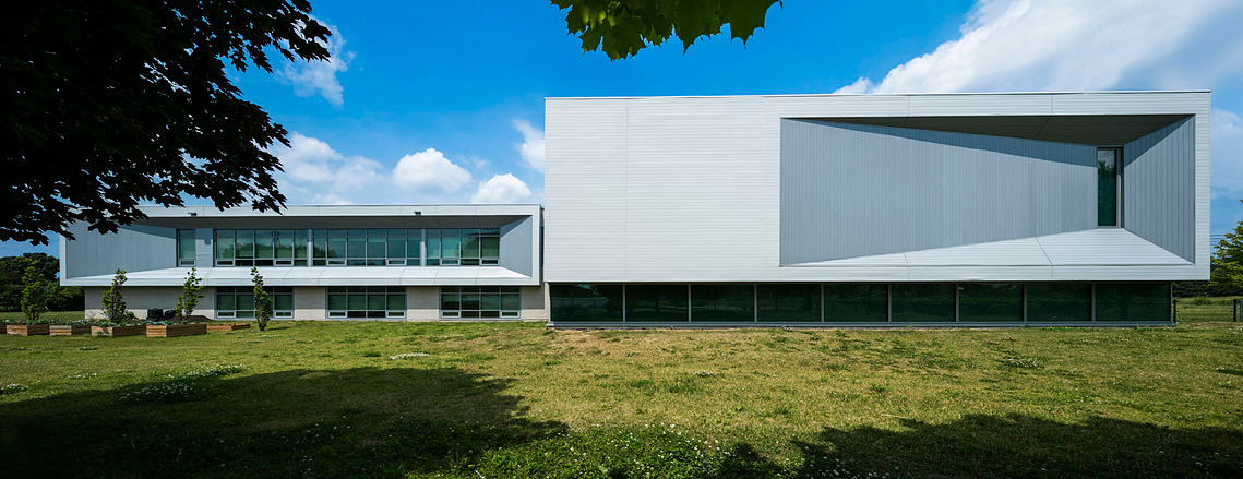 Grande photo panoramique d'une école en plein soleil, encadrés par des feuilles et une vaste pelouse