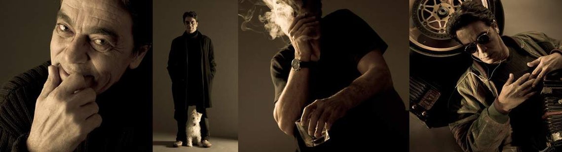 Different personal portraits of a man with his dog, his hobbies, his Scotch and cigars