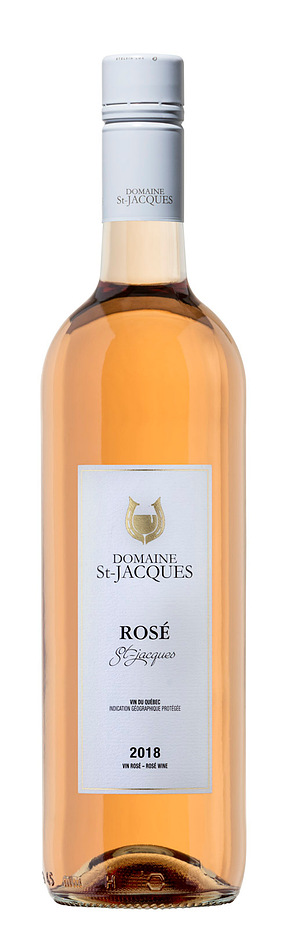 Photo d'une bouteille de vin rosé sur fond blanc, en studio