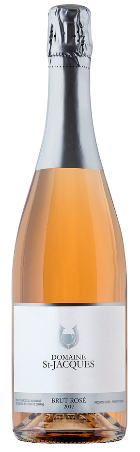 Photo d'une bouteille de vin rosé mousseux sur fond blanc, en studio