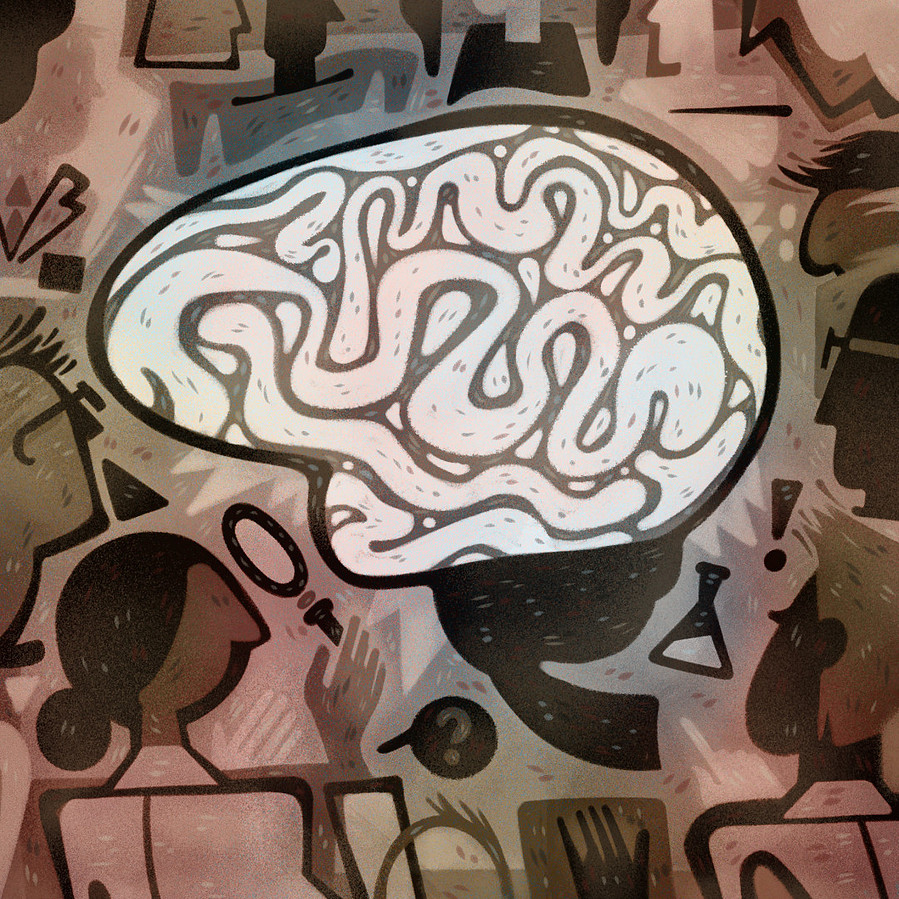 Une illustration éditoriale sur les tests de personnalité représentant des chercheurs examinant un cerveau