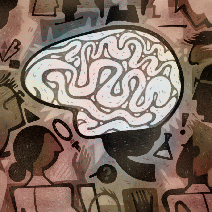Une illustration éditoriale sur les tests de personnalité représentant des chercheurs examinant un cerveau
