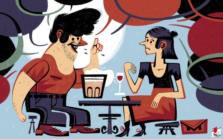 illustration éditoriale sur la rencontre en ligne montrant un homme et une femme parlant dans une terrasse de bar