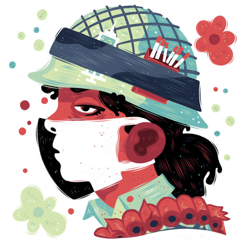 Une illustration éditoriale sur la pandémie de la COVID-19, représentant une femme à l air fatigué, masquée, et dont l accoutrement évoque un équipement militaire