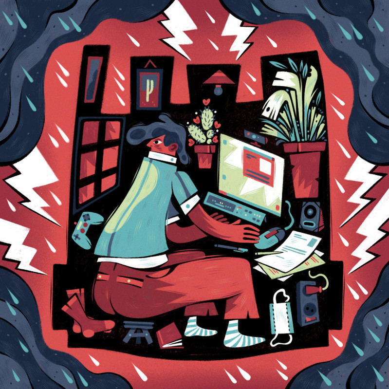 Une illustration éditoriale sur le confinement et le télé-travail, montrant un homme cloîtré chez lui et travaillant sur son ordinateur