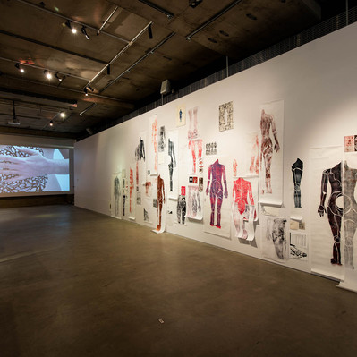 Temporal abruptions: making and unmaking the body, wall collage installation, lino prints on paper, text prints, monotypes, photocopies, notes, 2018-2020. Photograph by Rosina Possingham.