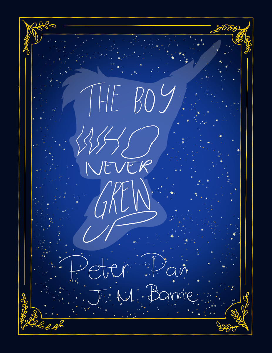 Peter Pan book cover sketch, quote warped to Peter Pan's head and fancy borders with a starry background