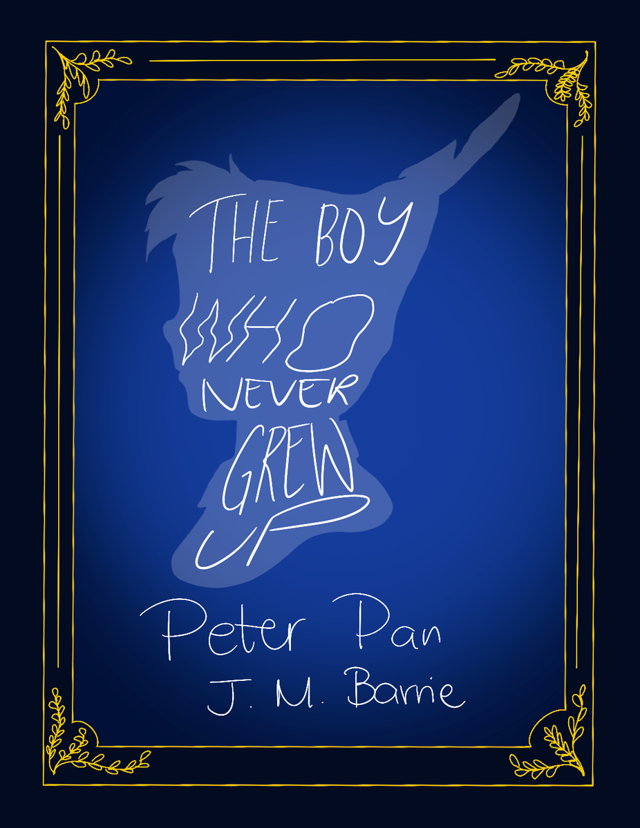 Peter Pan book cover sketch, quote warped to Peter Pan's head and with fancy borders