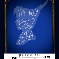 Peter Pan book cover sketch, quote warped to Peter Pan's head and with adding fancy borders and banners