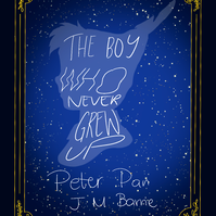 Peter Pan book cover sketch, quote warped to Peter Pan's head and fancy borders with a starry background