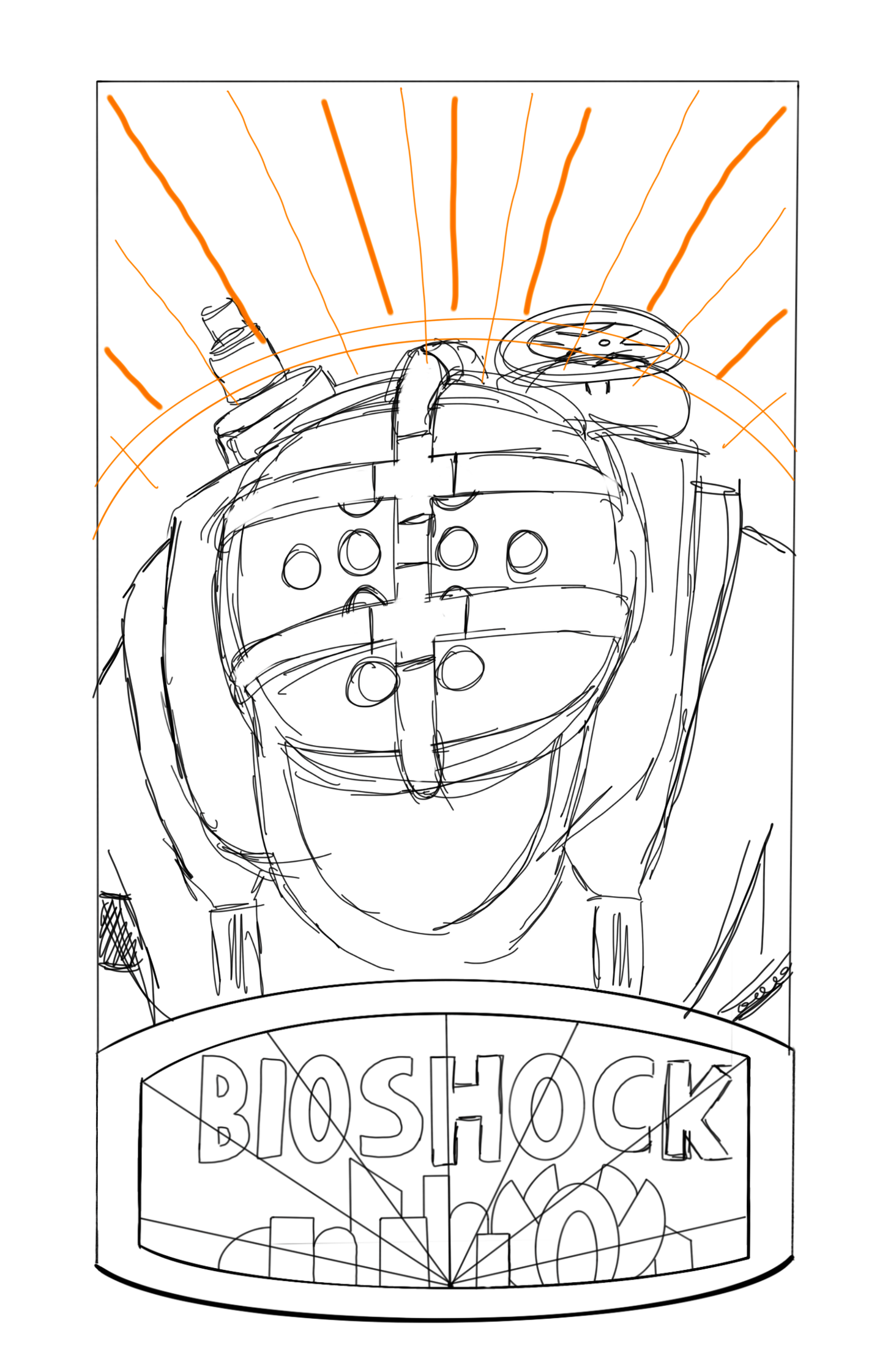 Big Daddy poster sketch with a ray of light in the background and the game title at the bottom