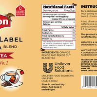 Black tea sleeve design, with a paler orange background with dried black tea leaves at the corner of the Lipton logo and a cup of tea at the bottom right