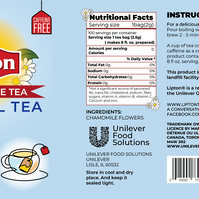 Chamomile tea sleeve design, using a baby blue background with flowers around the Lipton logo and a cup of tea at the bottom right