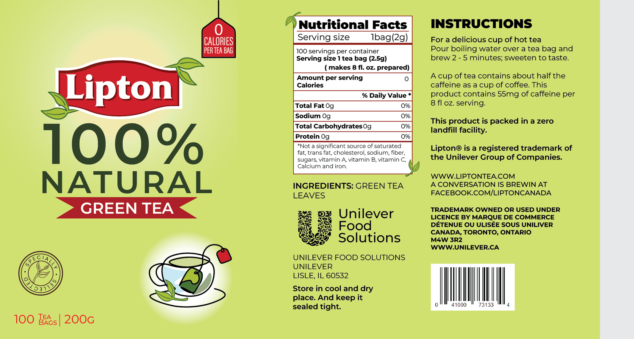 Green tea sleeve design, using a vibrant green background with leaves around the Lipton logo and a cup of tea at the bottom right
