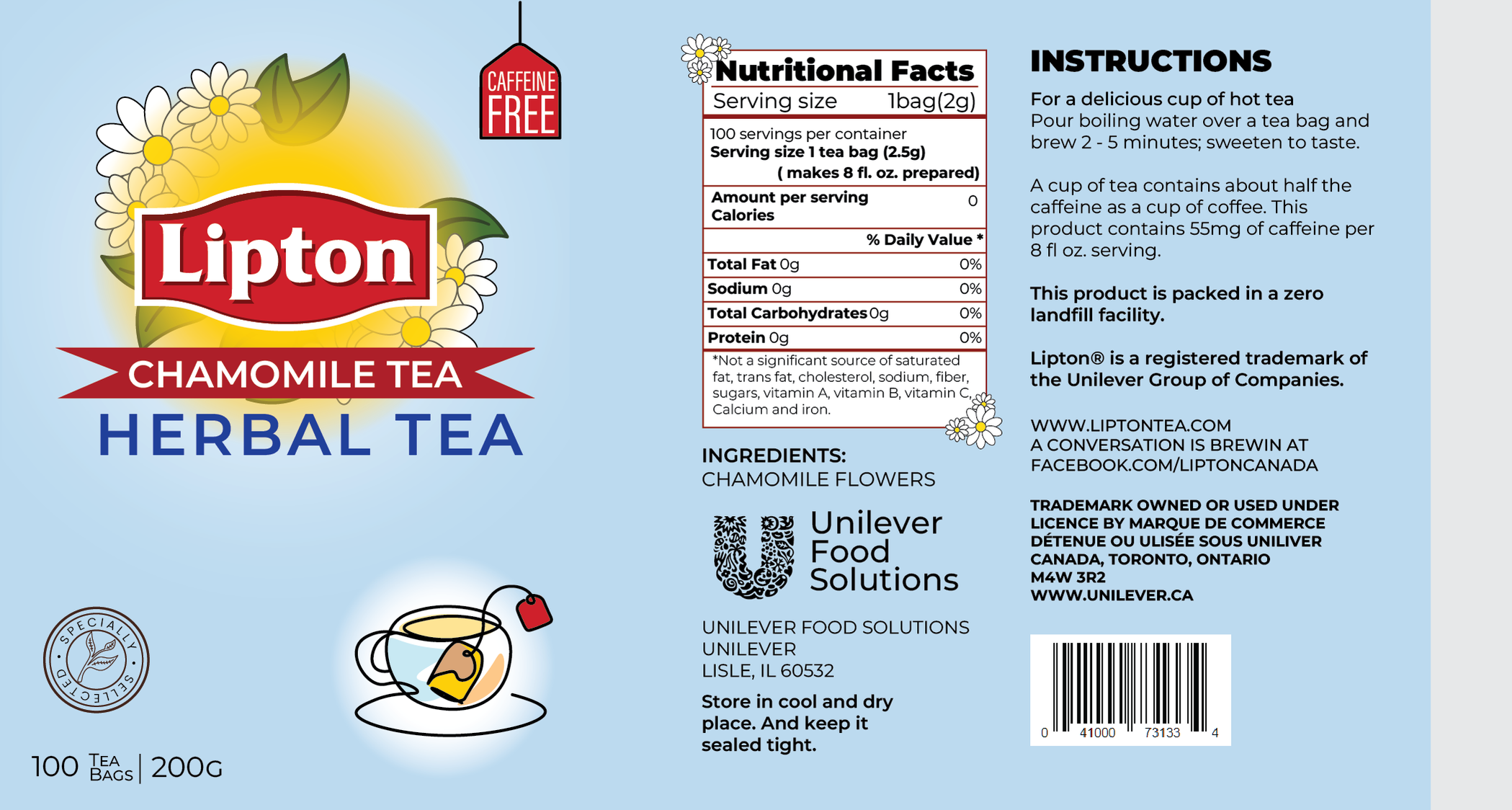 Chamomile tea sleeve design, using a baby blue background with flowers around the Lipton logo and a cup of tea at the bottom right