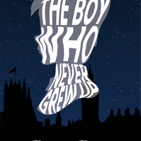 Digital rendition of Peter Pan book cover with a London background and quote warped to Peter's head