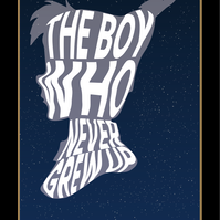 Digital rendition of Peter Pan book cover, quote warped to Peter Pan's head, starry background and with adding fancy borders and banners