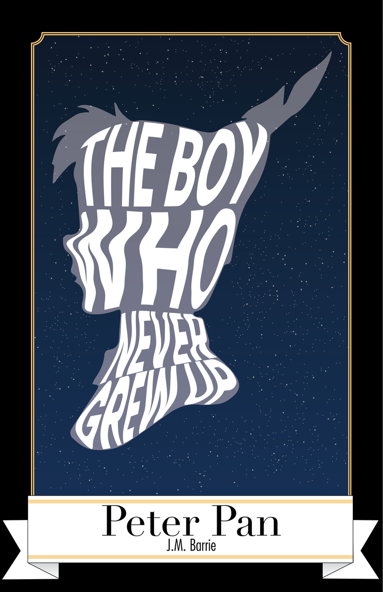 Digital rendition of Peter Pan book cover, quote warped to Peter Pan's head, starry background and with adding fancy borders and banners