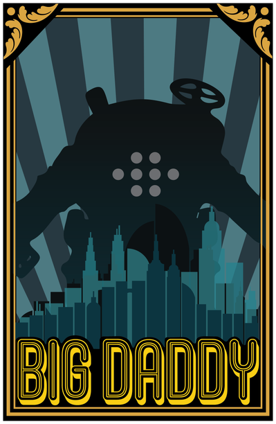 Big Daddy digital rendition with corner at the top and rectangular border around the whole poster. Having the character's name at the bottom center and it's silhouette looming over the city