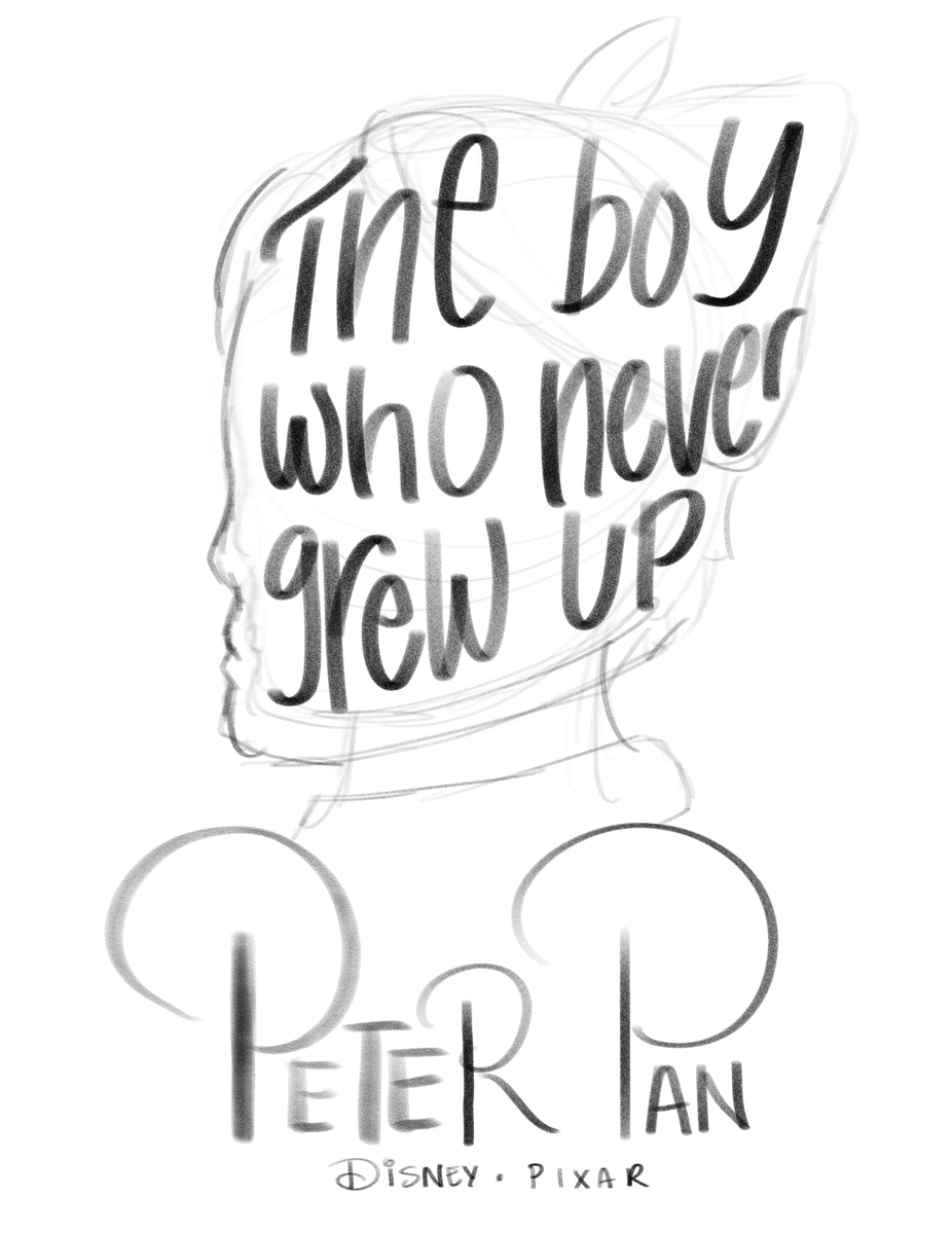 Peter Pan book cover sketch, quote warped to Peter Pan's head. Using a different font style