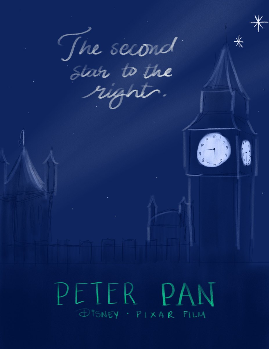 Peter Pan book cover sketch, Big Ben background without Peter Pan